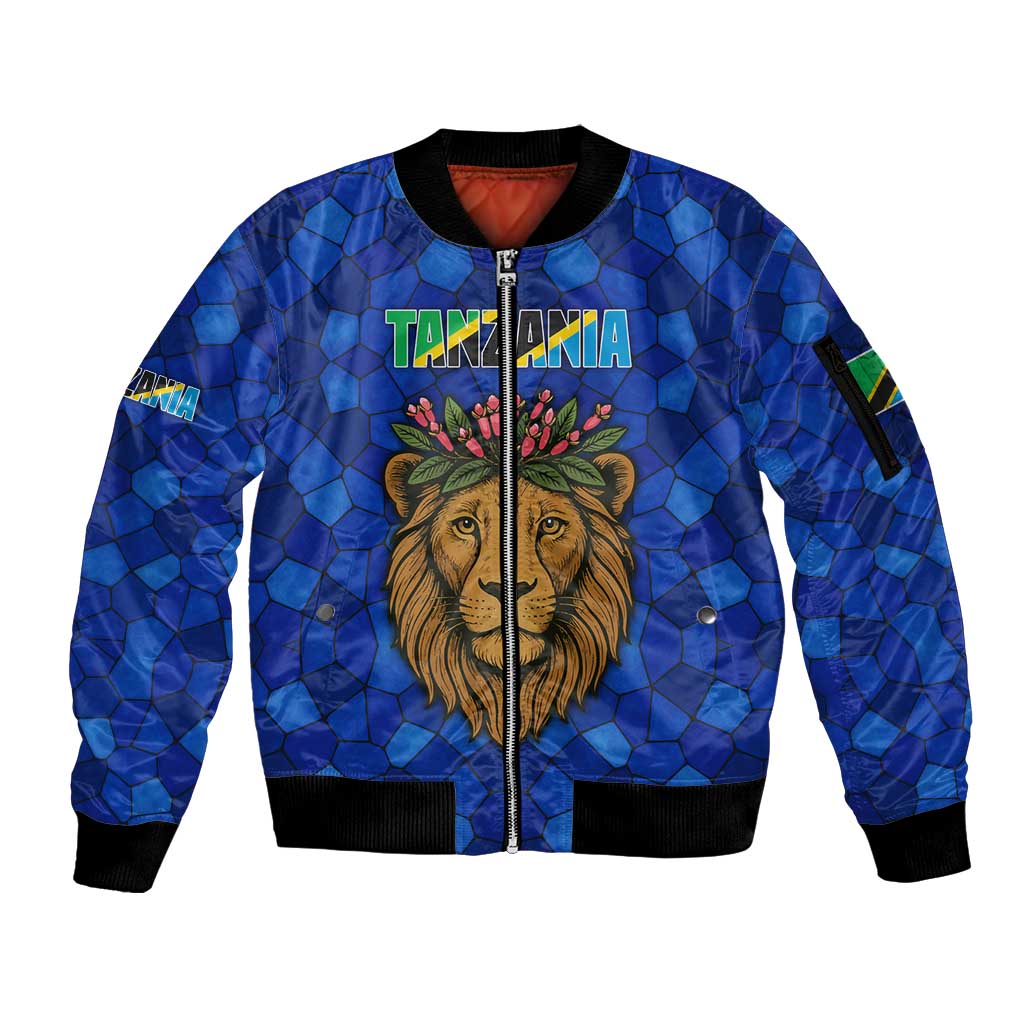 Tanzania Simba Lion Sleeve Zip Bomber Jacket with Floral Crown and Blue Mosaic Design