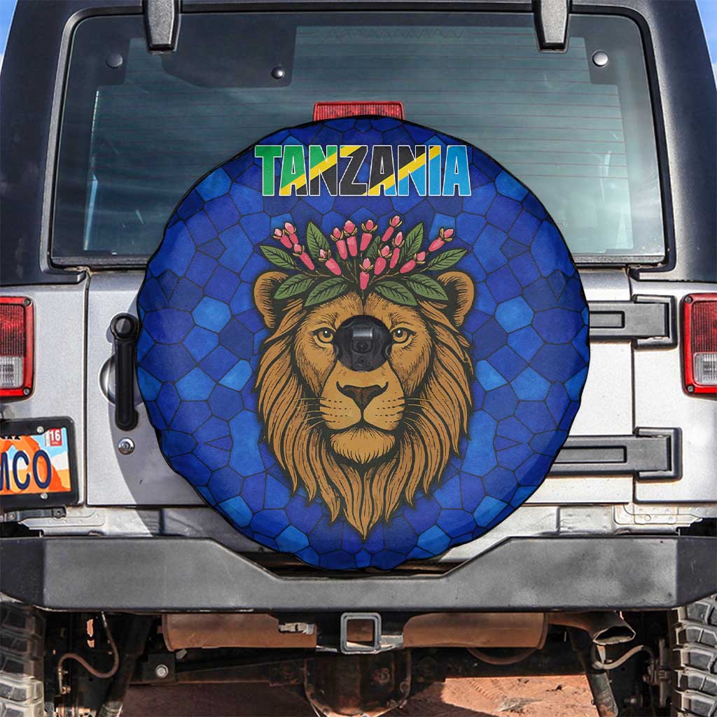 Tanzania Simba Lion Spare Tire Cover with Floral Crown and Blue Mosaic Design