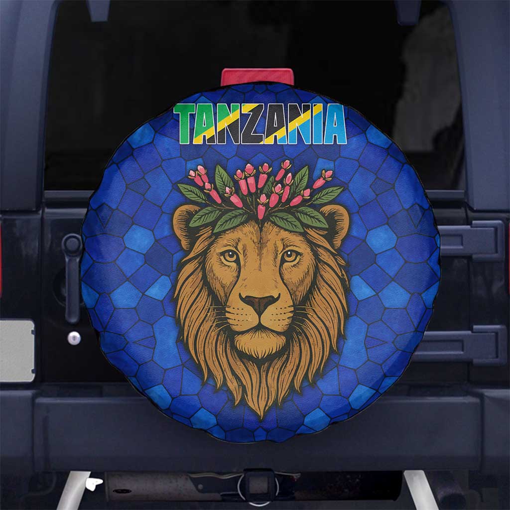 Tanzania Simba Lion Spare Tire Cover with Floral Crown and Blue Mosaic Design