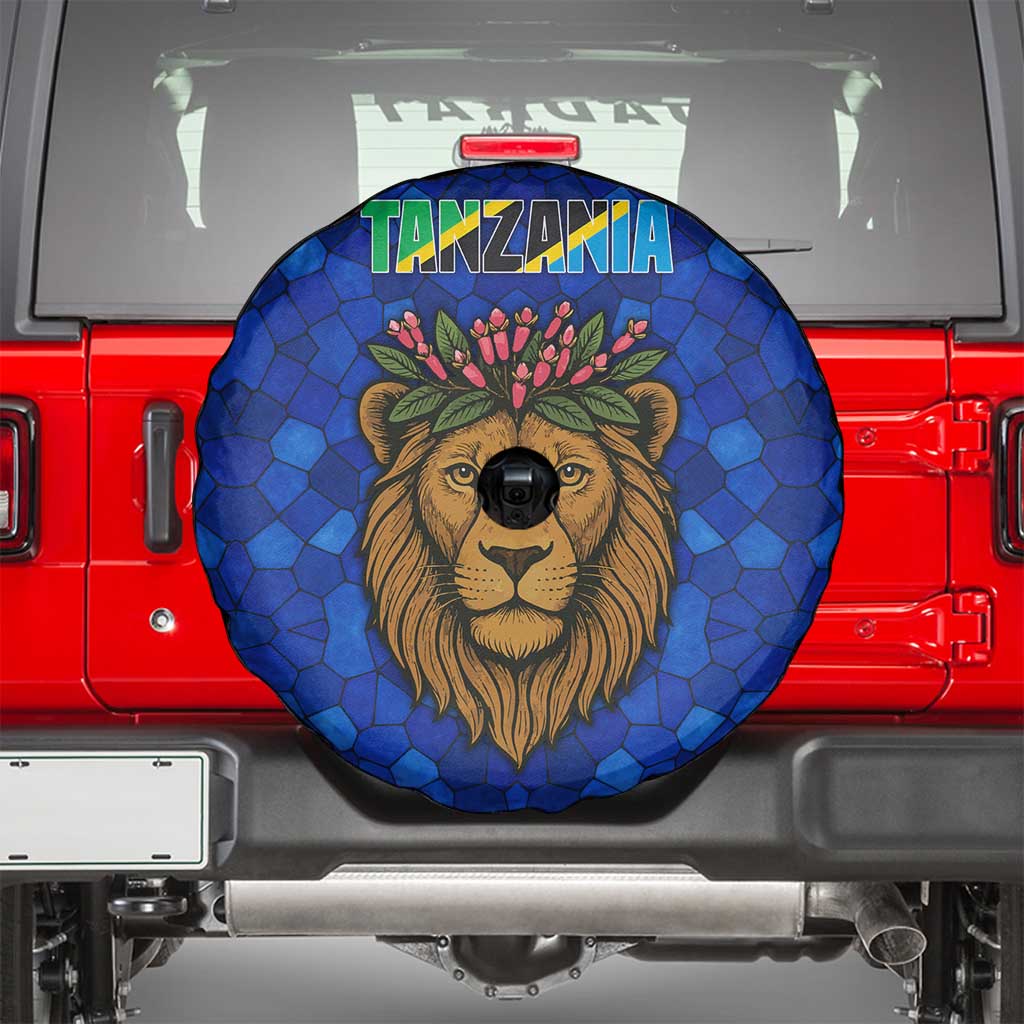 Tanzania Simba Lion Spare Tire Cover with Floral Crown and Blue Mosaic Design