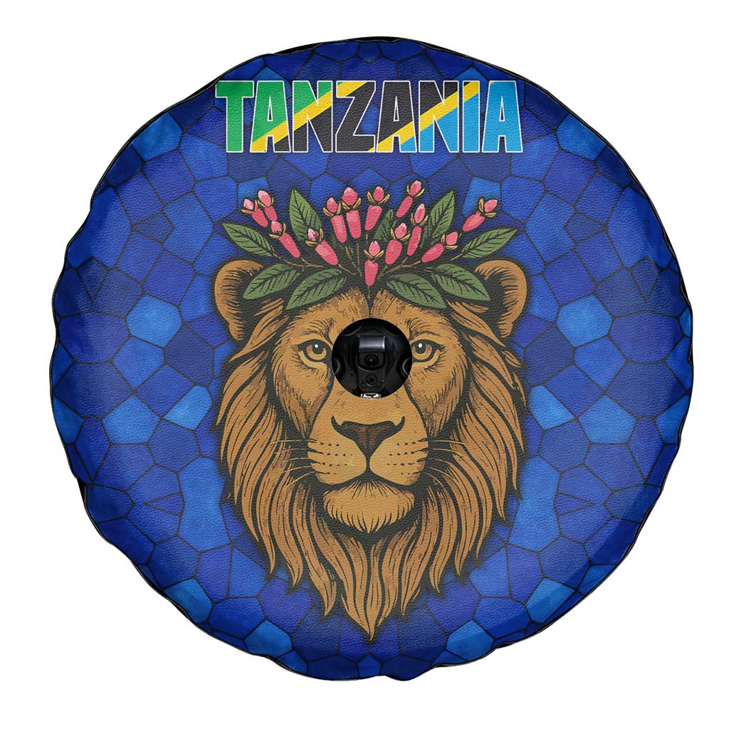 Tanzania Simba Lion Spare Tire Cover with Floral Crown and Blue Mosaic Design