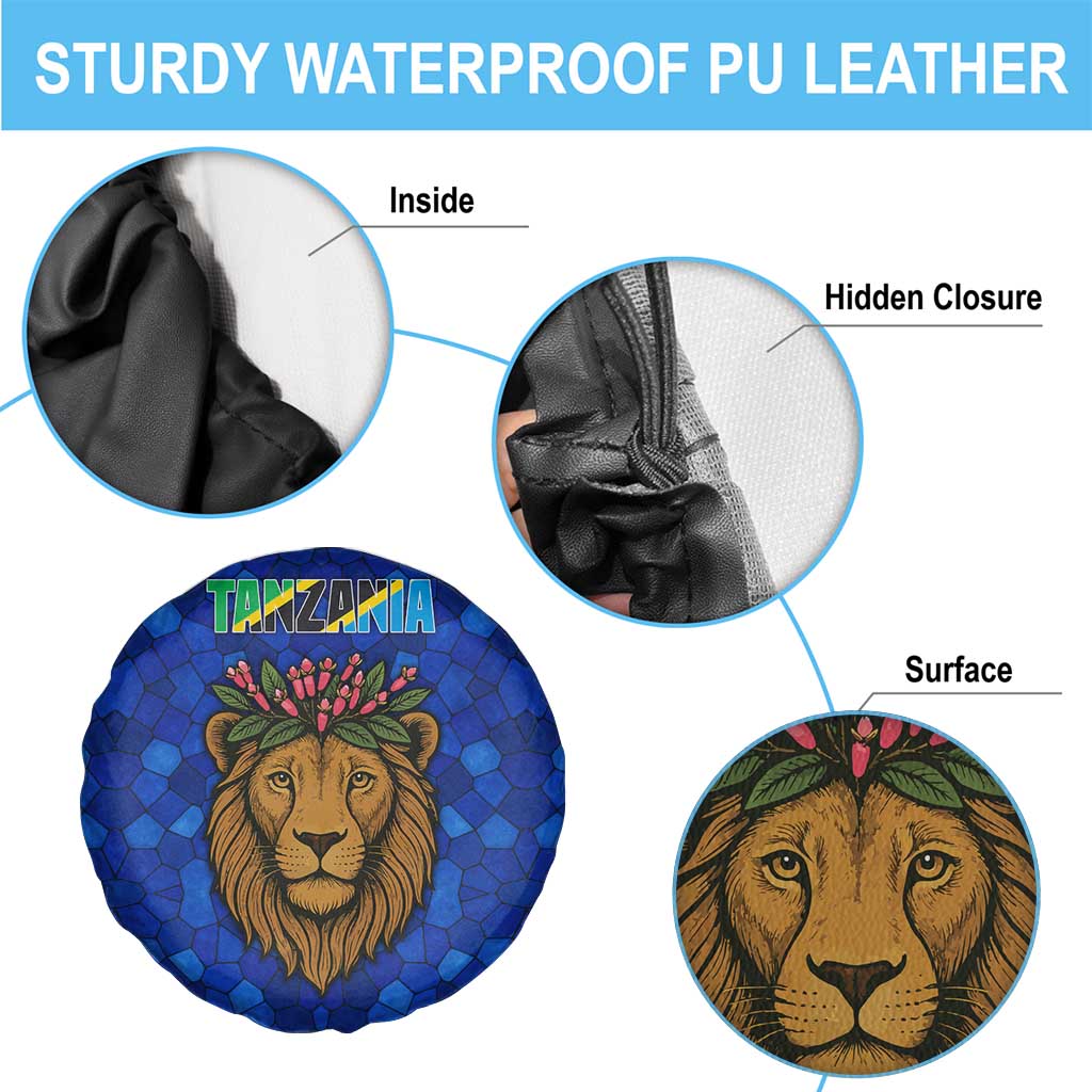 Tanzania Simba Lion Spare Tire Cover with Floral Crown and Blue Mosaic Design