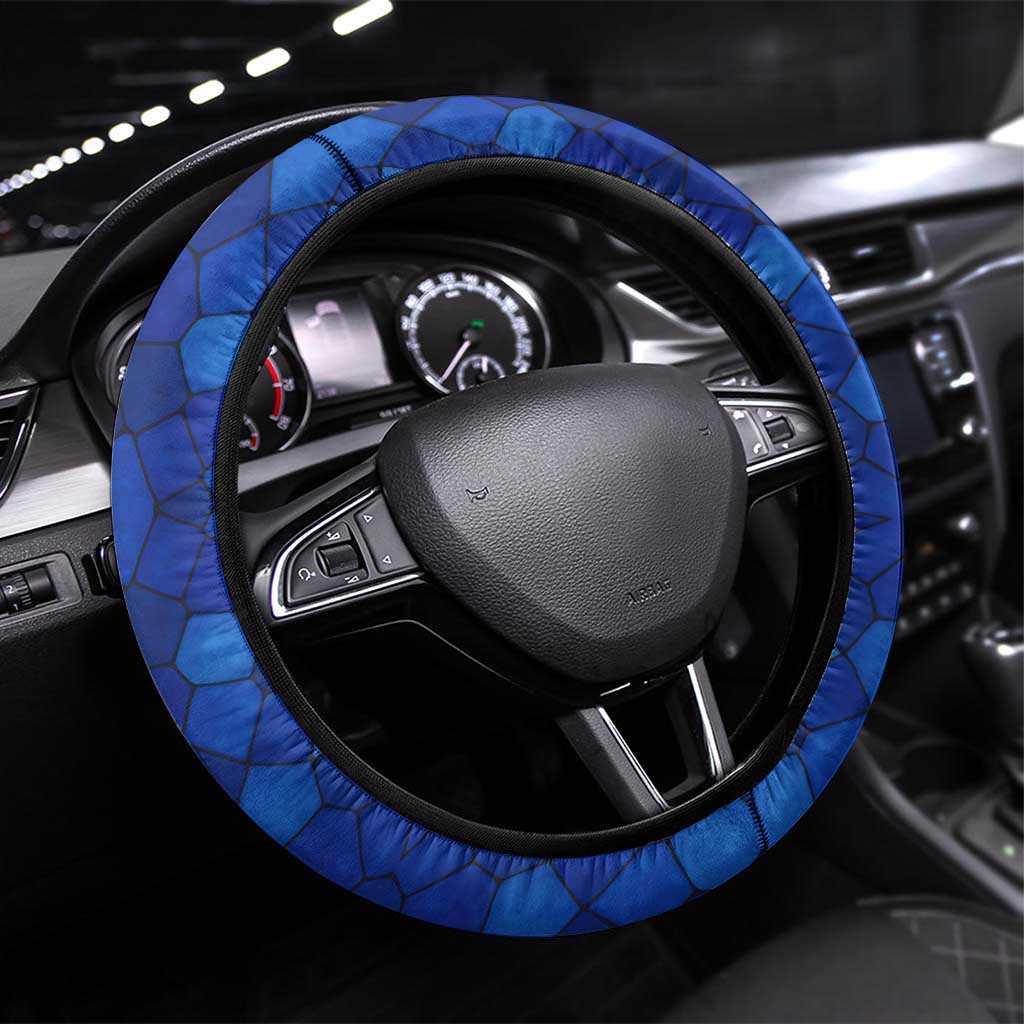 Tanzania Simba Lion Steering Wheel Cover with Floral Crown and Blue Mosaic Design