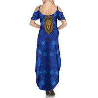 Tanzania Simba Lion Summer Maxi Dress with Floral Crown and Blue Mosaic Design