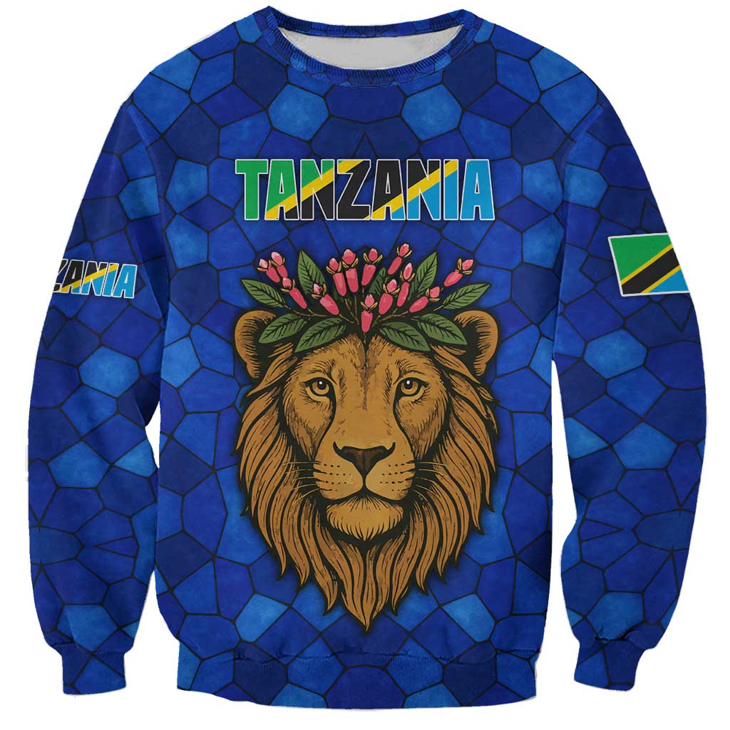 Tanzania Simba Lion Sweatshirt with Floral Crown and Blue Mosaic Design