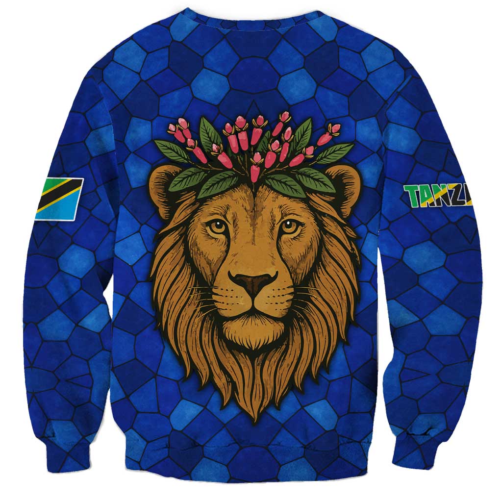 Tanzania Simba Lion Sweatshirt with Floral Crown and Blue Mosaic Design