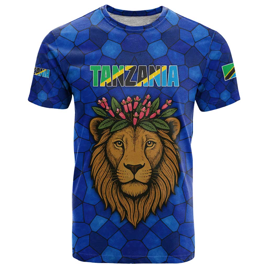 Tanzania Simba Lion T Shirt with Floral Crown and Blue Mosaic Design