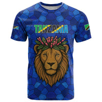 Tanzania Simba Lion T Shirt with Floral Crown and Blue Mosaic Design