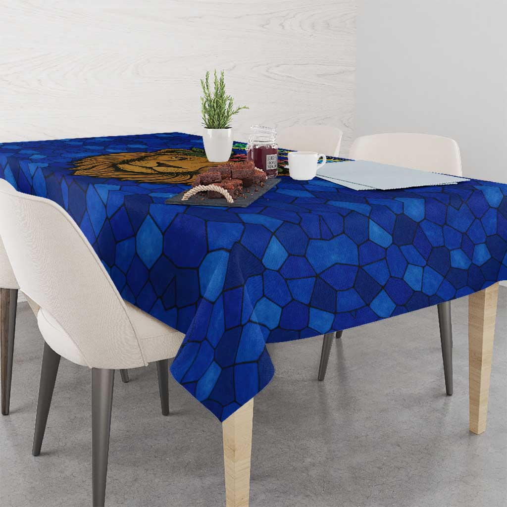 Tanzania Simba Lion Tablecloth with Floral Crown and Blue Mosaic Design