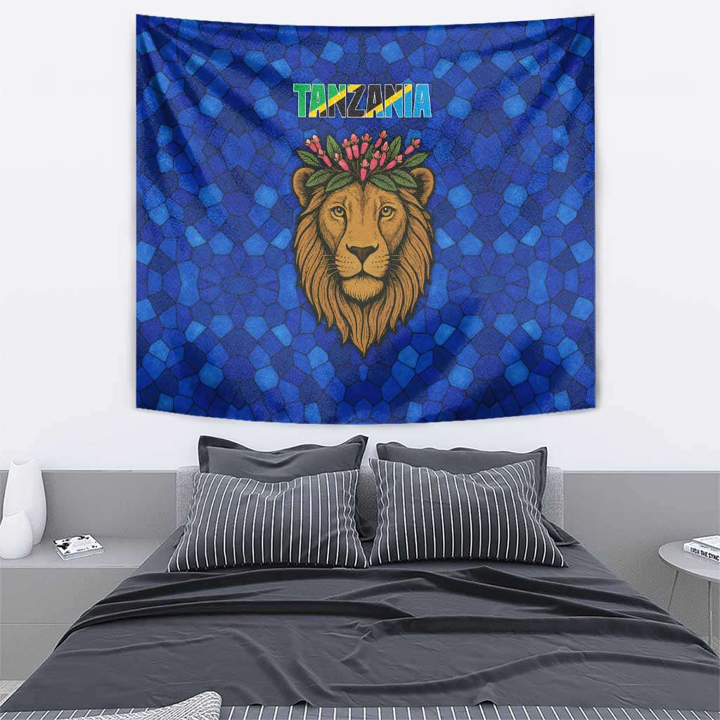 Tanzania Simba Lion Tapestry with Floral Crown and Blue Mosaic Design