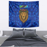 Tanzania Simba Lion Tapestry with Floral Crown and Blue Mosaic Design