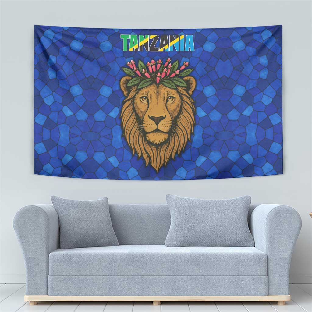 Tanzania Simba Lion Tapestry with Floral Crown and Blue Mosaic Design
