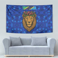 Tanzania Simba Lion Tapestry with Floral Crown and Blue Mosaic Design
