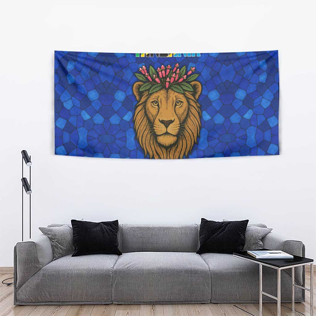 Tanzania Simba Lion Tapestry with Floral Crown and Blue Mosaic Design