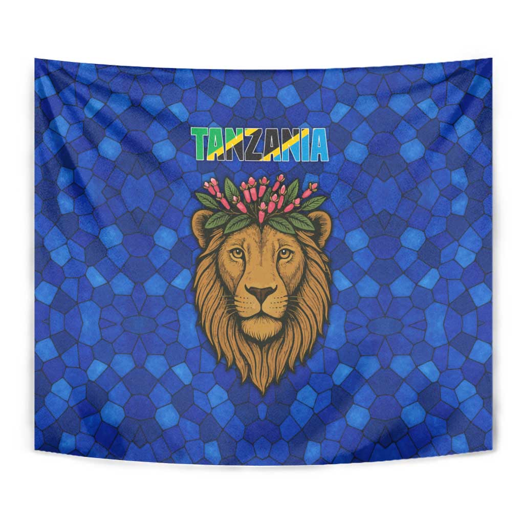 Tanzania Simba Lion Tapestry with Floral Crown and Blue Mosaic Design