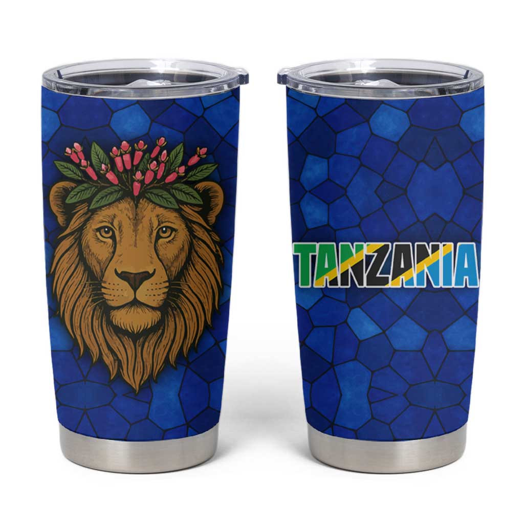 Tanzania Simba Lion Tumbler Cup with Floral Crown and Blue Mosaic Design