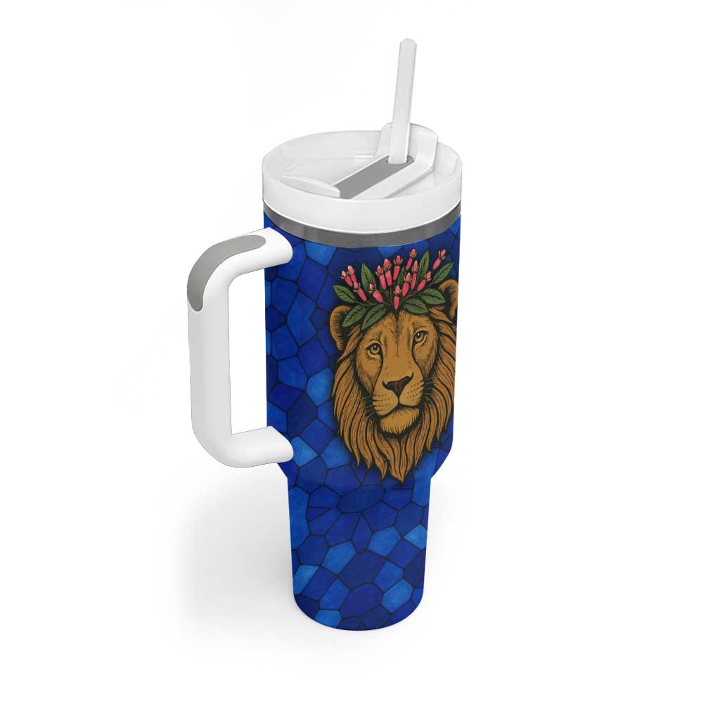 Tanzania Simba Lion Tumbler With Handle with Floral Crown and Blue Mosaic Design