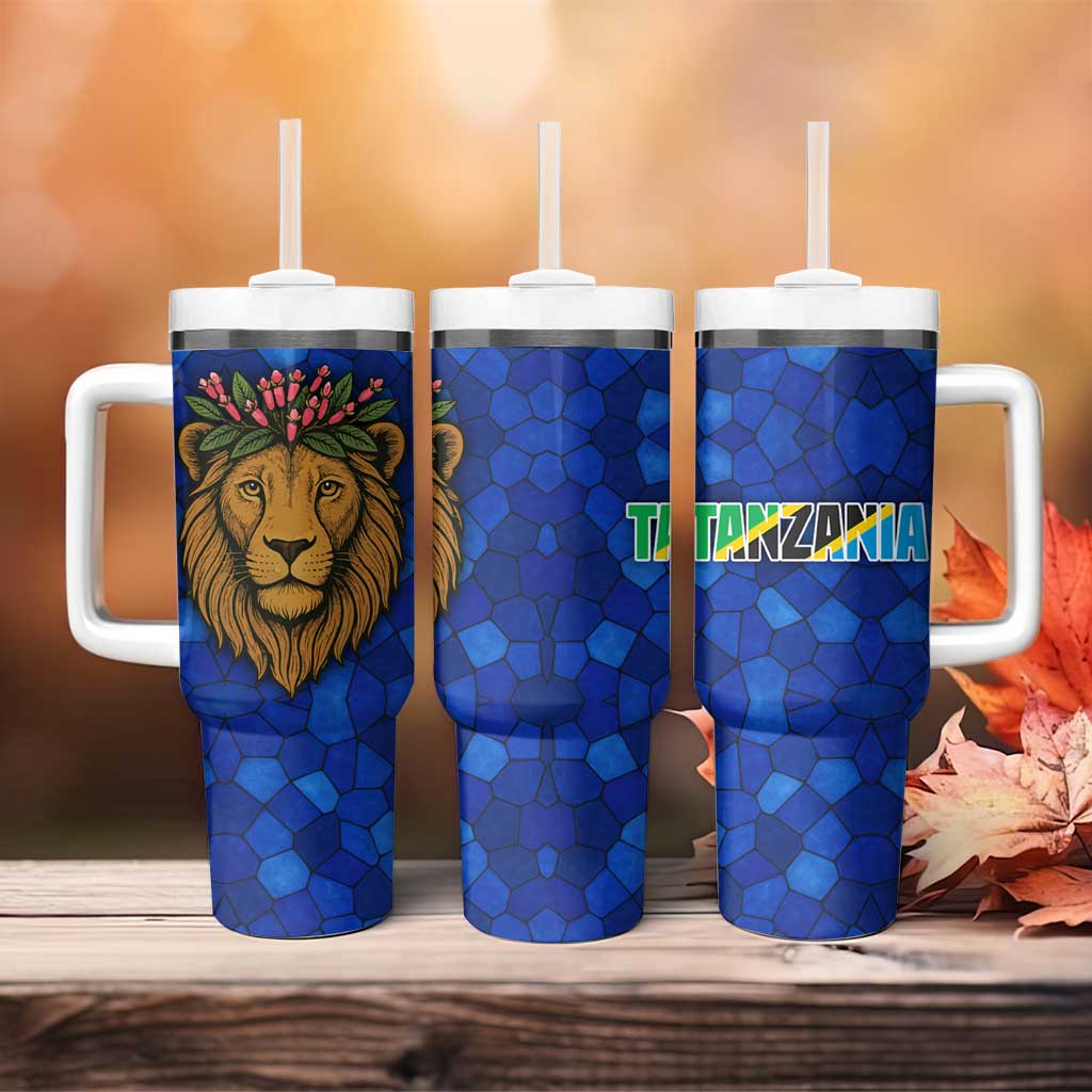 Tanzania Simba Lion Tumbler With Handle with Floral Crown and Blue Mosaic Design
