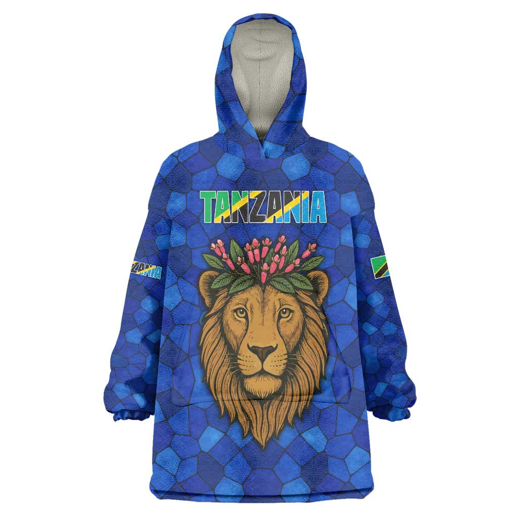 Tanzania Simba Lion Wearable Blanket Hoodie with Floral Crown and Blue Mosaic Design