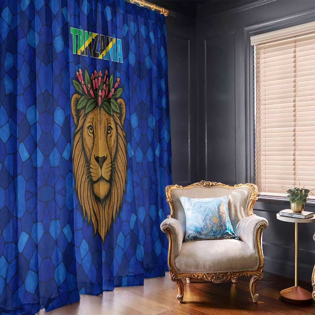 Tanzania Simba Lion Window Curtain with Floral Crown and Blue Mosaic Design