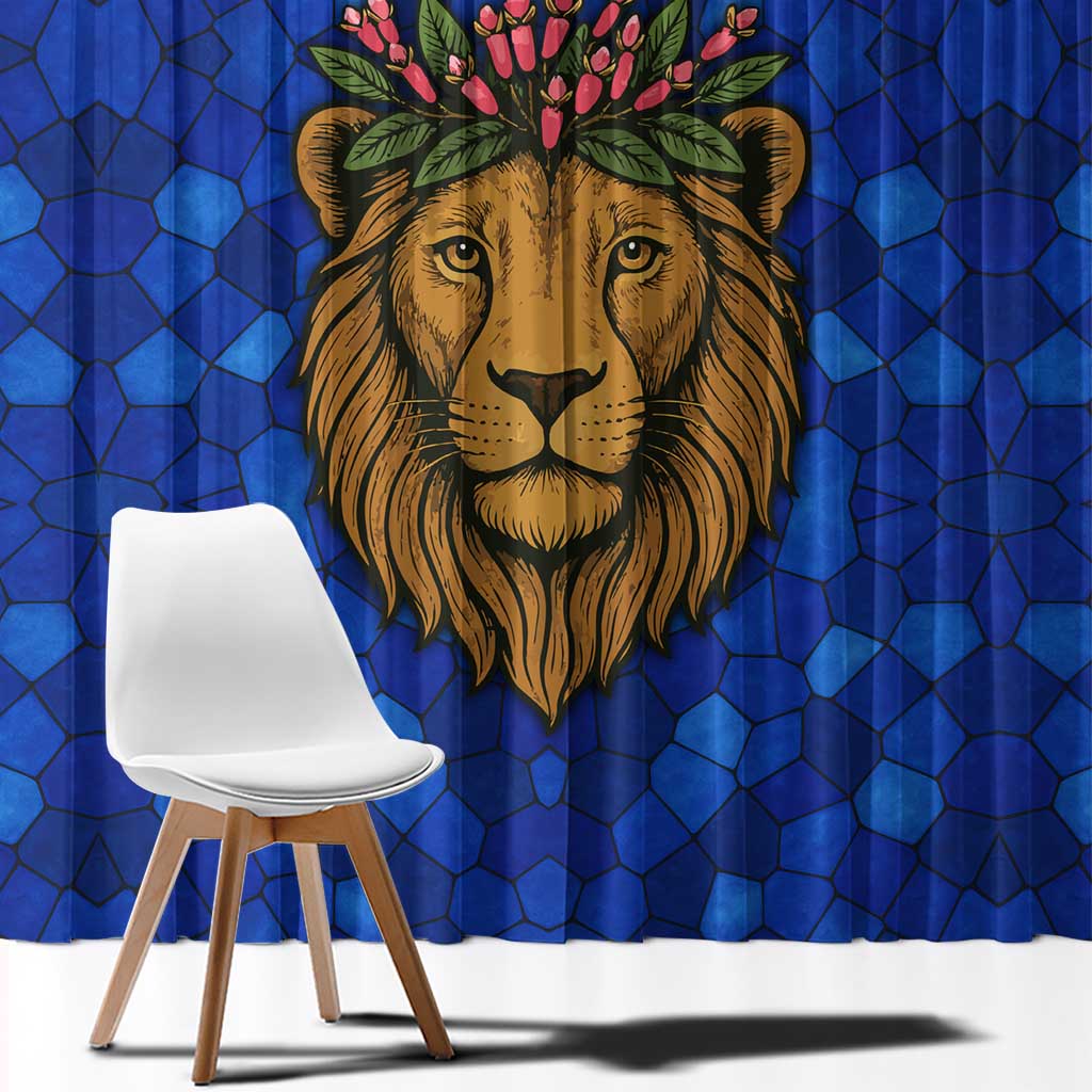 Tanzania Simba Lion Window Curtain with Floral Crown and Blue Mosaic Design