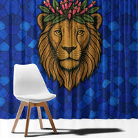 Tanzania Simba Lion Window Curtain with Floral Crown and Blue Mosaic Design