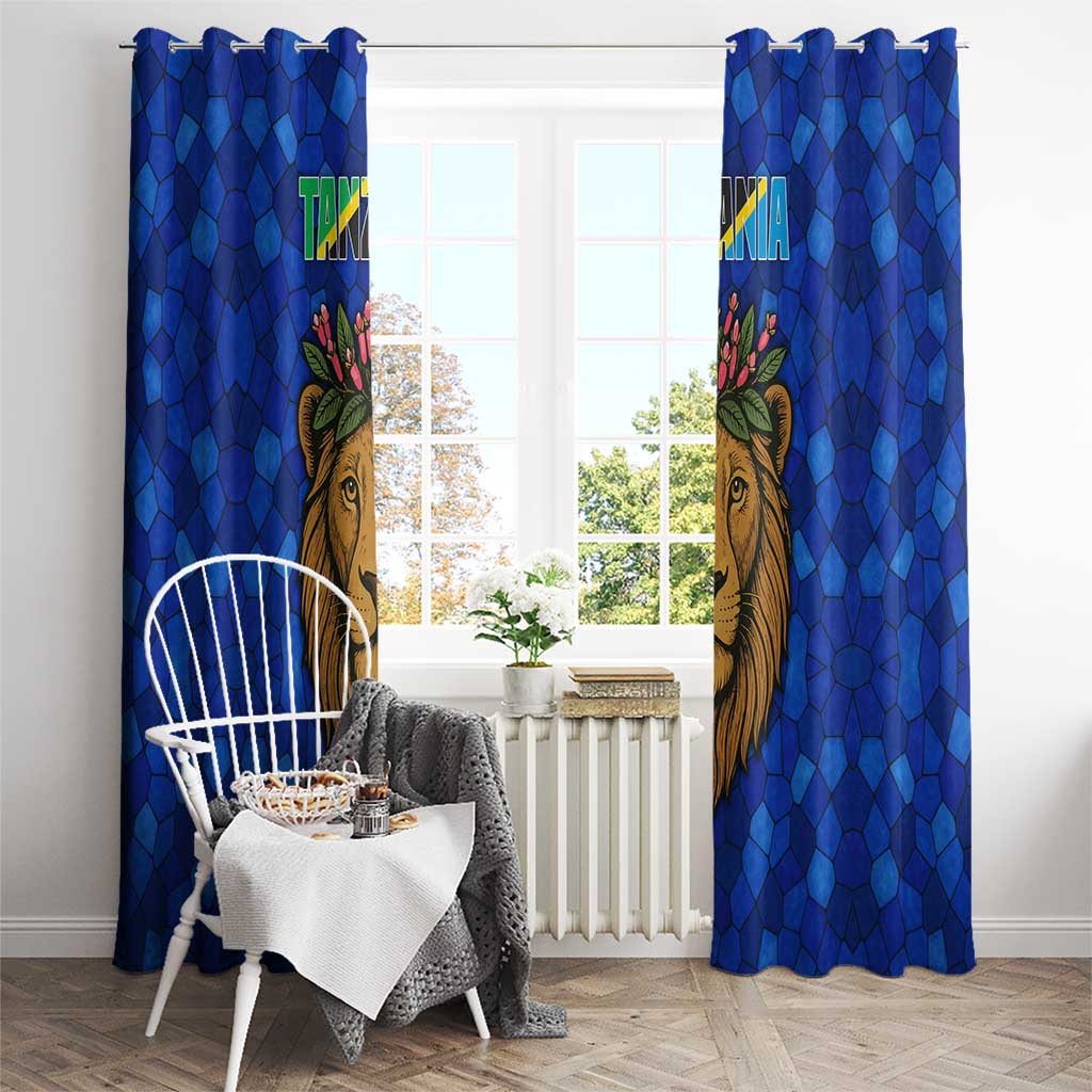 Tanzania Simba Lion Window Curtain with Floral Crown and Blue Mosaic Design