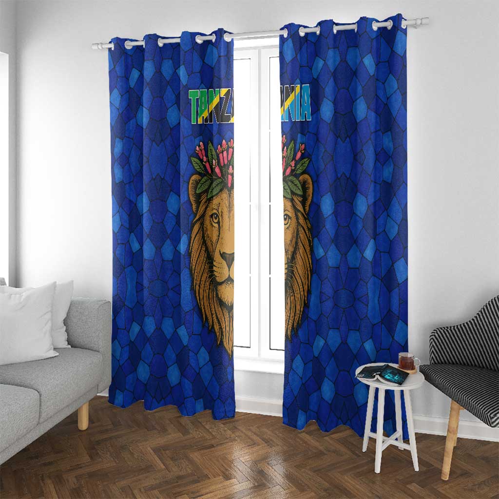 Tanzania Simba Lion Window Curtain with Floral Crown and Blue Mosaic Design