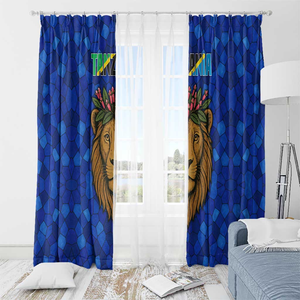 Tanzania Simba Lion Window Curtain with Floral Crown and Blue Mosaic Design