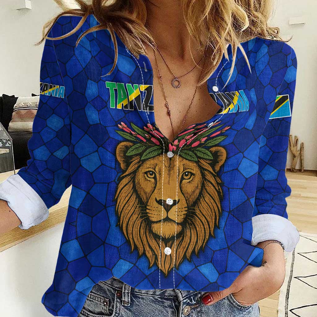 Tanzania Simba Lion Women Casual Shirt with Floral Crown and Blue Mosaic Design