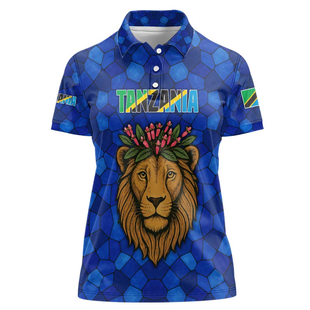 Tanzania Simba Lion Women Polo Shirt with Floral Crown and Blue Mosaic Design