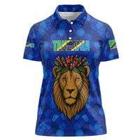 Tanzania Simba Lion Women Polo Shirt with Floral Crown and Blue Mosaic Design