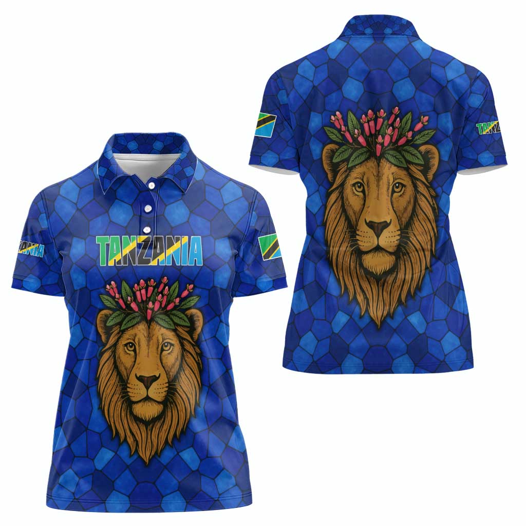 Tanzania Simba Lion Women Polo Shirt with Floral Crown and Blue Mosaic Design