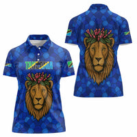 Tanzania Simba Lion Women Polo Shirt with Floral Crown and Blue Mosaic Design