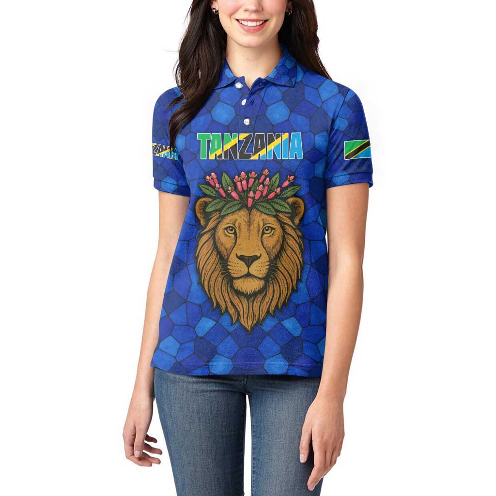 Tanzania Simba Lion Women Polo Shirt with Floral Crown and Blue Mosaic Design