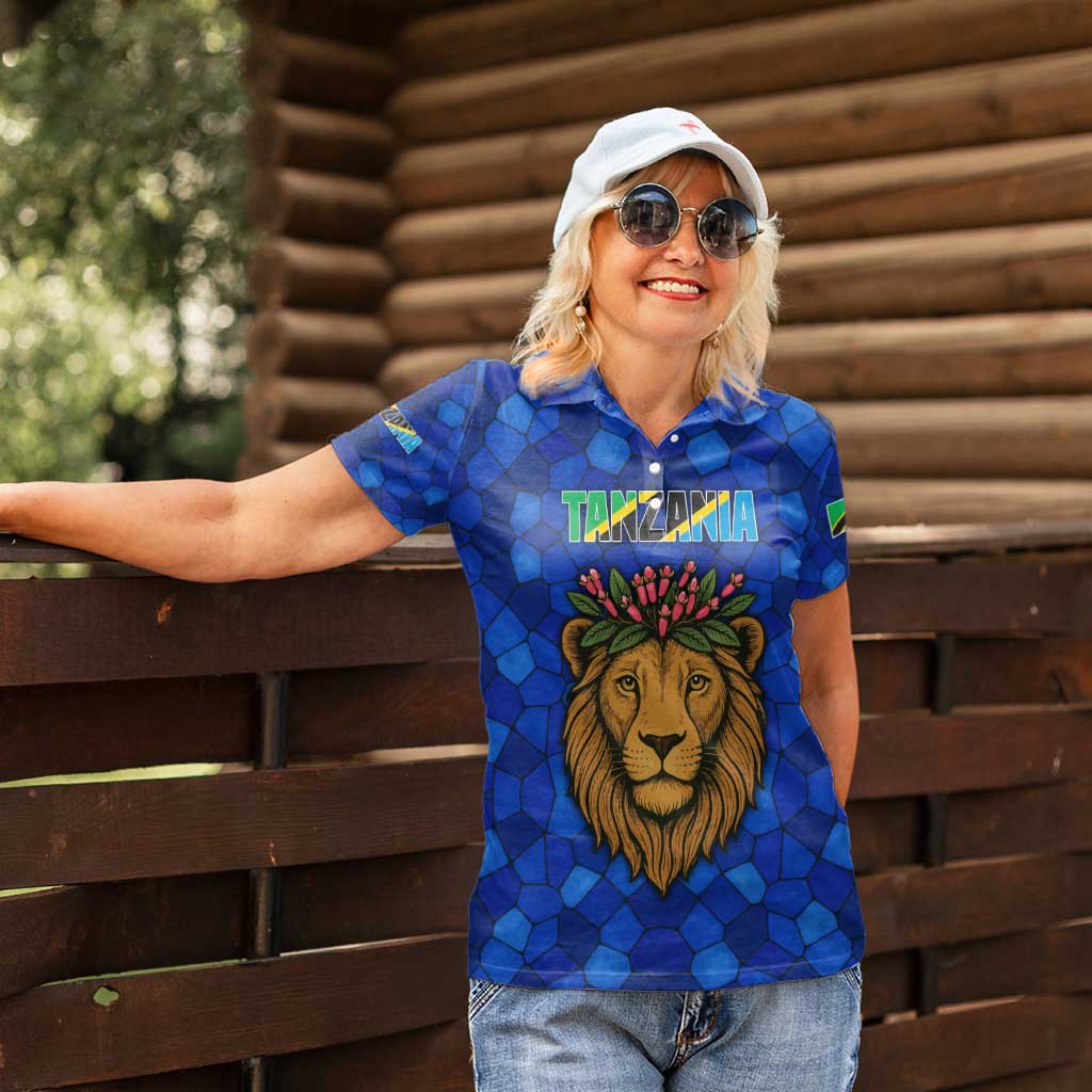 Tanzania Simba Lion Women Polo Shirt with Floral Crown and Blue Mosaic Design