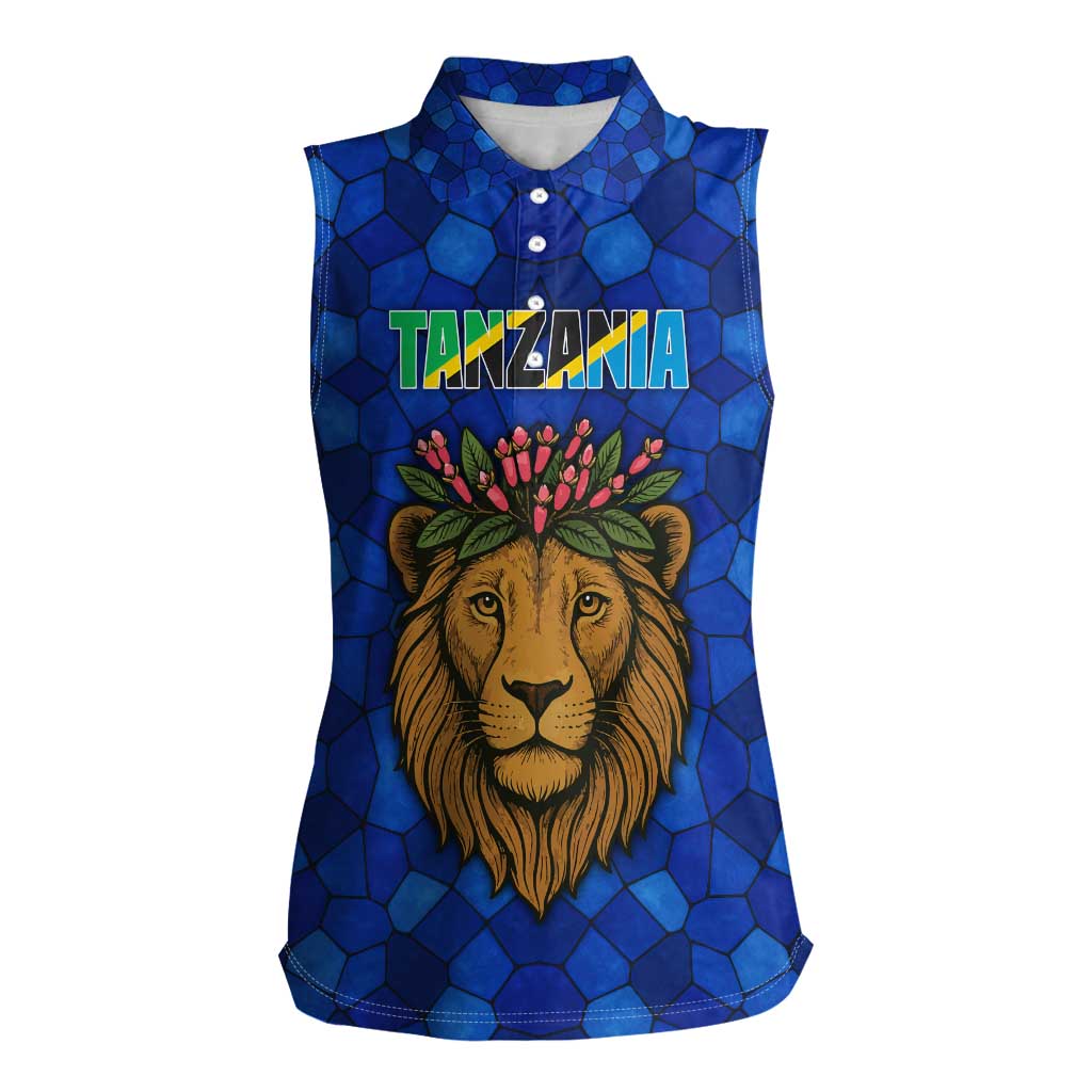 Tanzania Simba Lion Women Sleeveless Polo Shirt with Floral Crown and Blue Mosaic Design