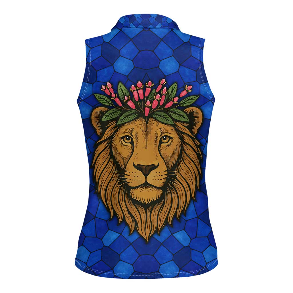 Tanzania Simba Lion Women Sleeveless Polo Shirt with Floral Crown and Blue Mosaic Design