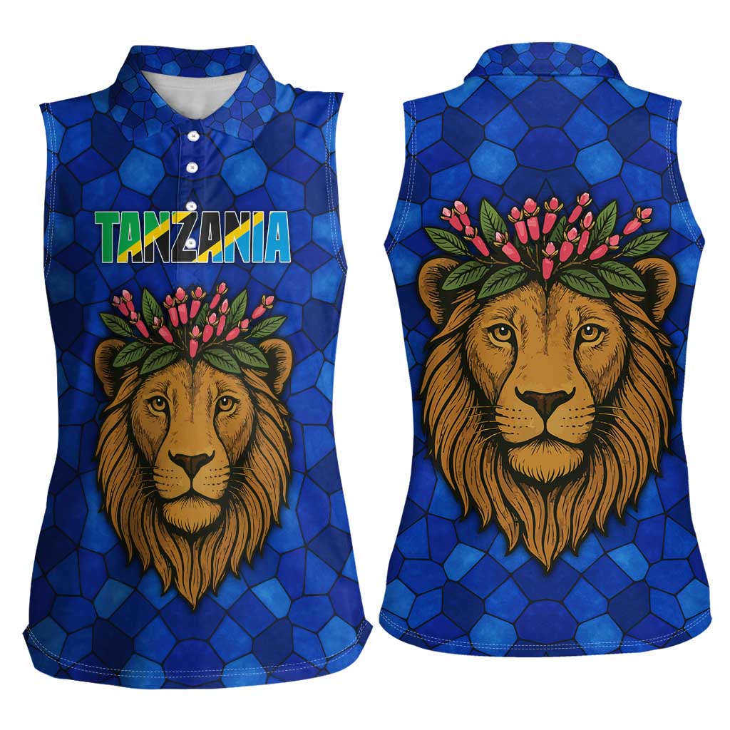 Tanzania Simba Lion Women Sleeveless Polo Shirt with Floral Crown and Blue Mosaic Design