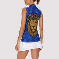 Tanzania Simba Lion Women Sleeveless Polo Shirt with Floral Crown and Blue Mosaic Design
