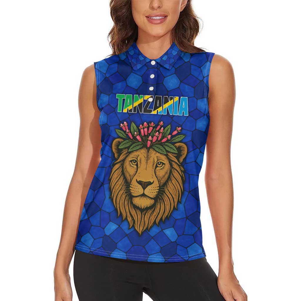 Tanzania Simba Lion Women Sleeveless Polo Shirt with Floral Crown and Blue Mosaic Design
