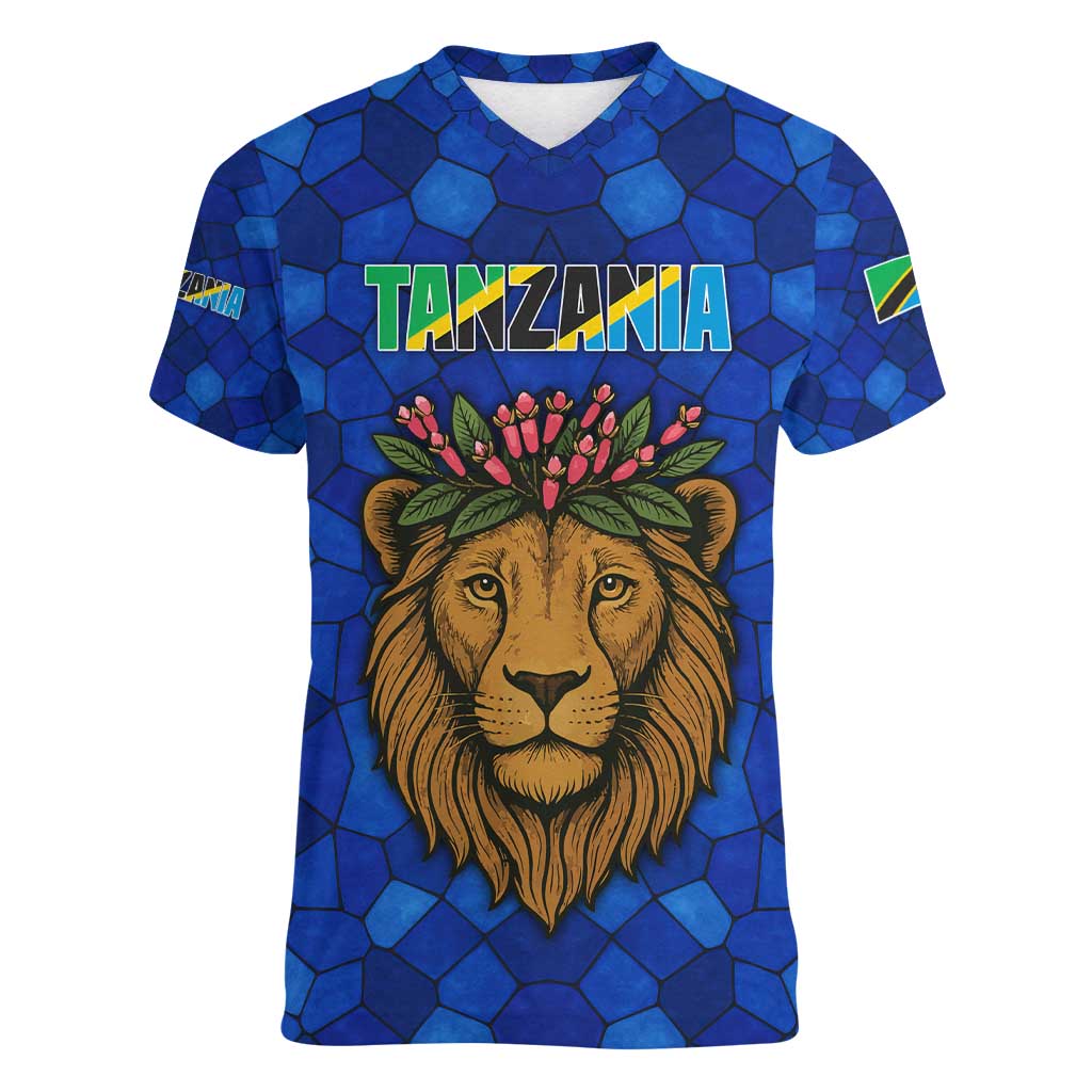 Tanzania Simba Lion Women V-Neck T-Shirt with Floral Crown and Blue Mosaic Design