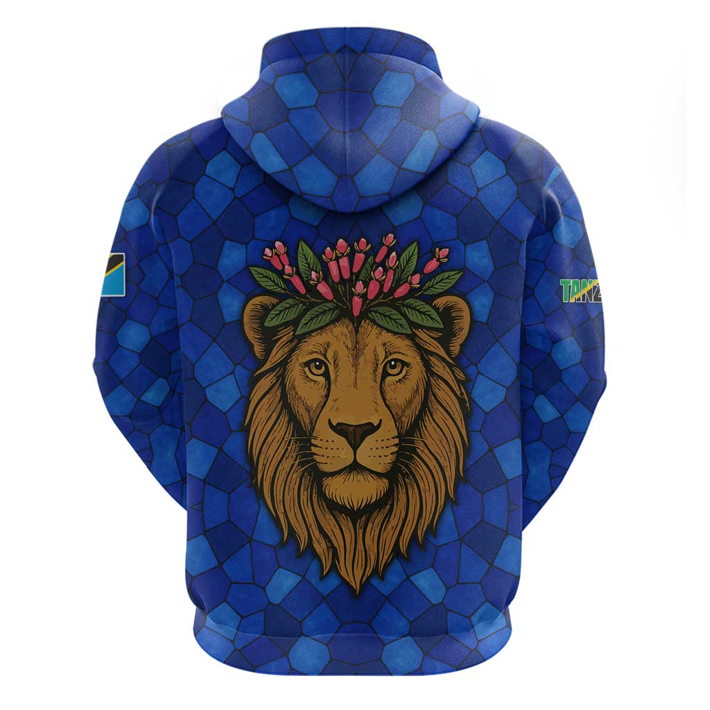 Tanzania Simba Lion Zip Hoodie with Floral Crown and Blue Mosaic Design