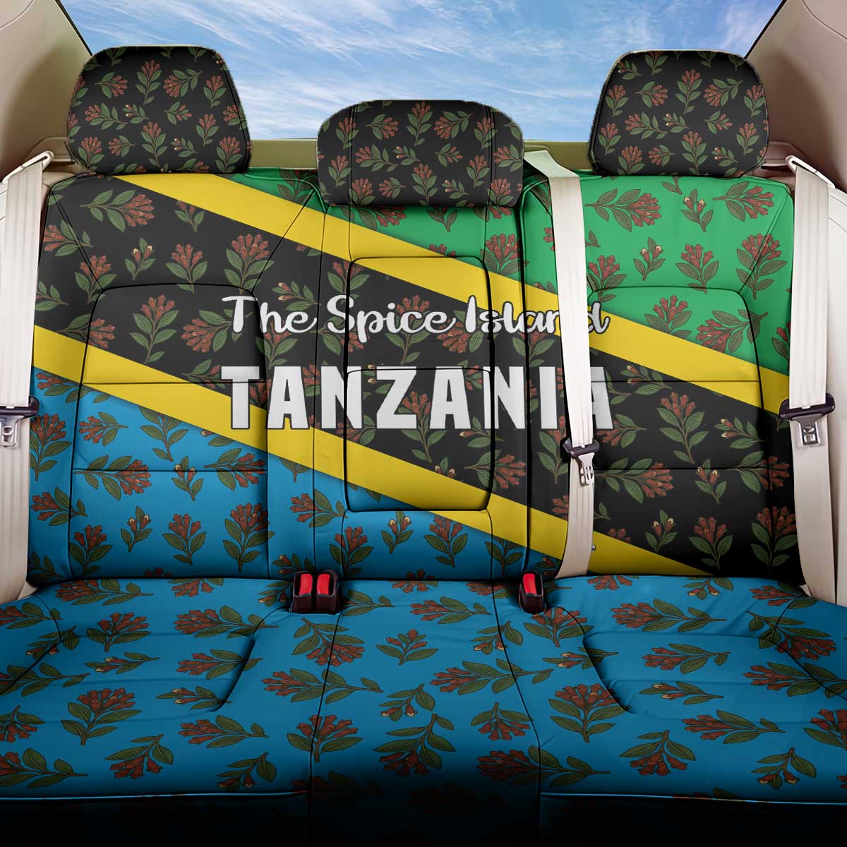 Tanzania Spice Island Back Car Seat Cover with Clove Leaf Pattern and National Flag Colors