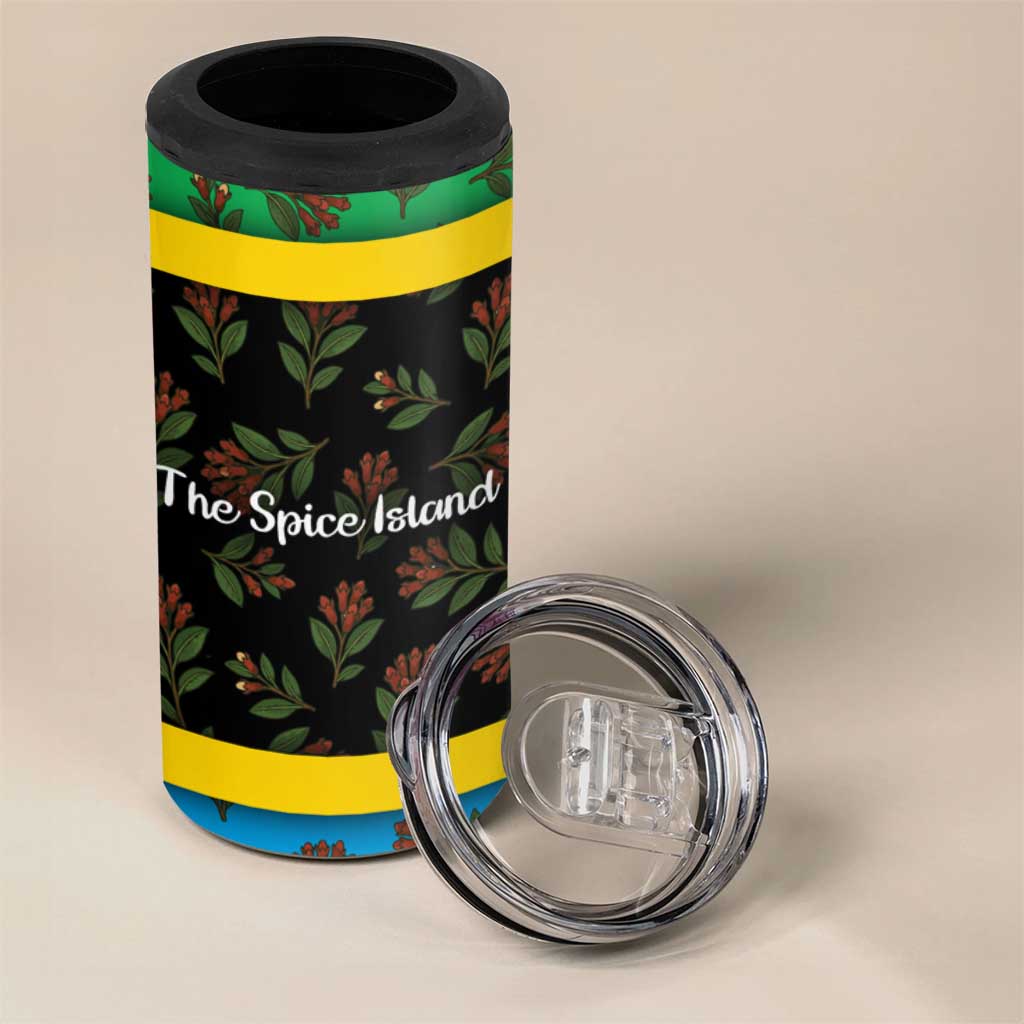 Tanzania Spice Island 4 in 1 Can Cooler Tumbler with Clove Leaf Pattern and National Flag Colors