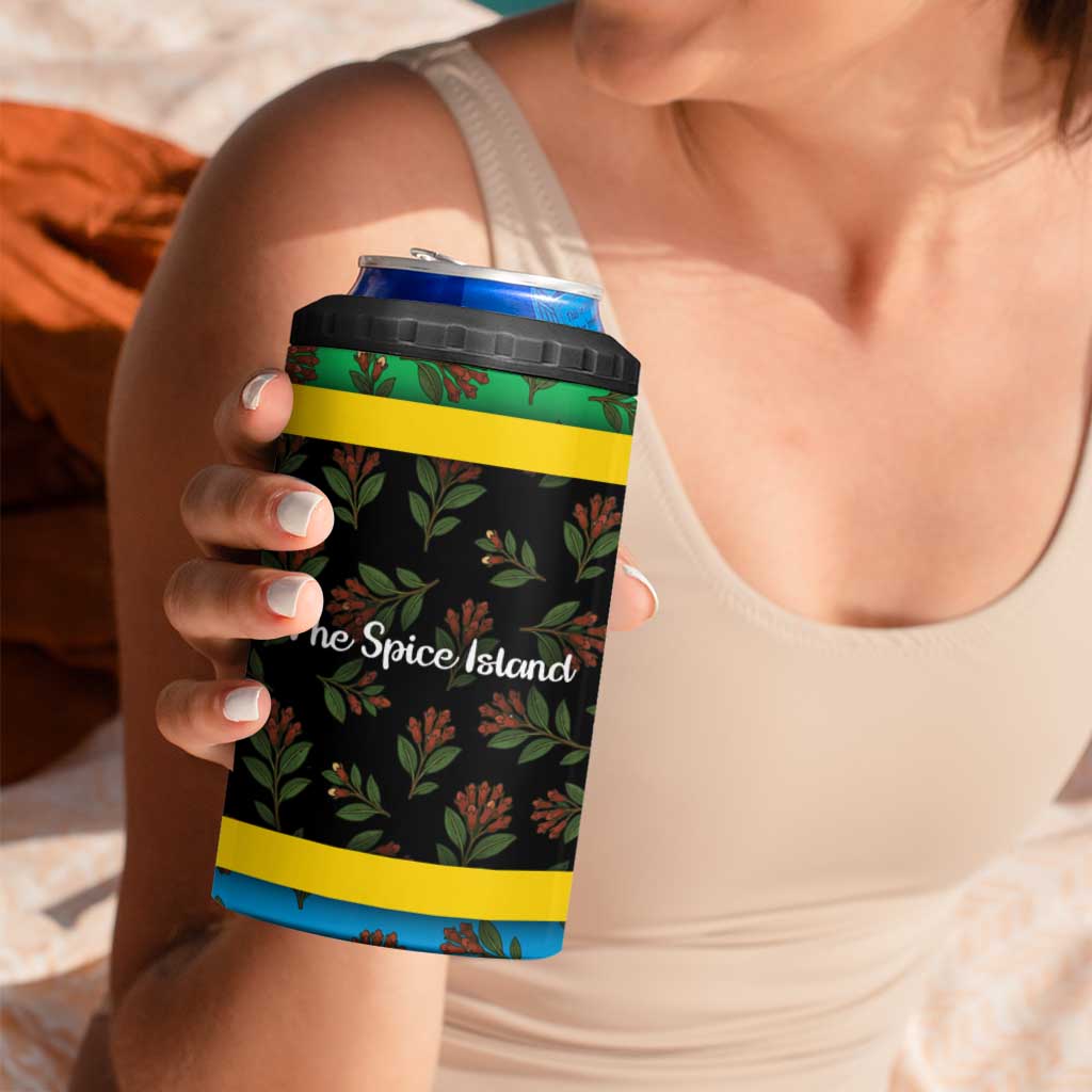 Tanzania Spice Island 4 in 1 Can Cooler Tumbler with Clove Leaf Pattern and National Flag Colors