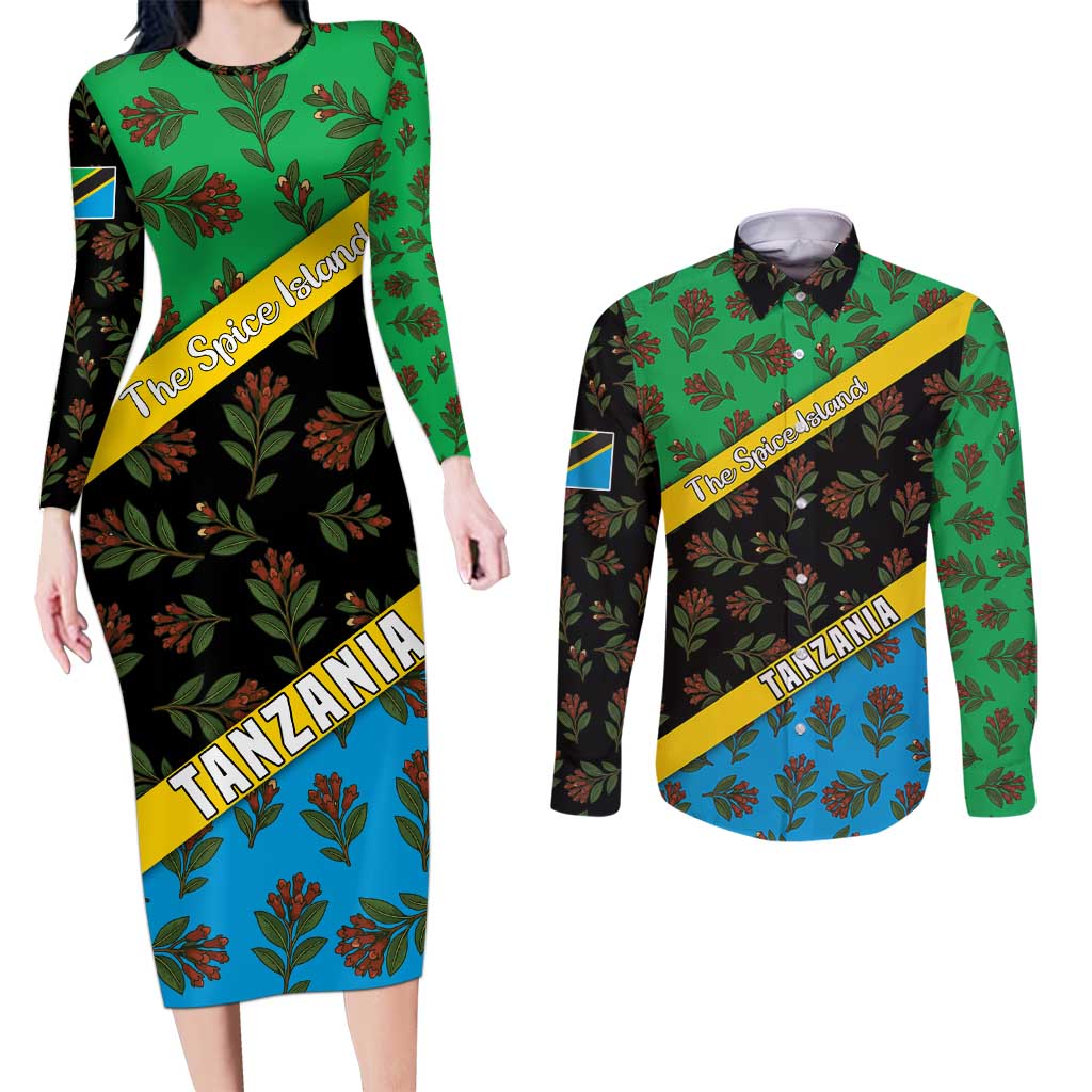 Tanzania Spice Island Couples Matching Long Sleeve Bodycon Dress and Long Sleeve Button Shirt with Clove Leaf Pattern and National Flag Colors