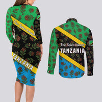 Tanzania Spice Island Couples Matching Long Sleeve Bodycon Dress and Long Sleeve Button Shirt with Clove Leaf Pattern and National Flag Colors