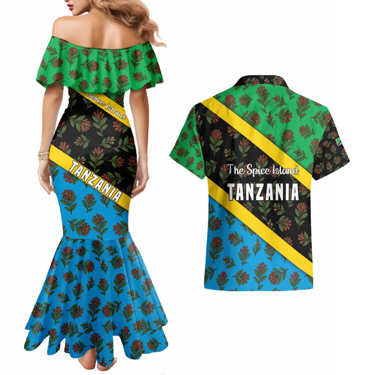 Tanzania Spice Island Couples Matching Mermaid Dress and Hawaiian Shirt with Clove Leaf Pattern and National Flag Colors