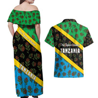 Tanzania Spice Island Couples Matching Off Shoulder Maxi Dress and Hawaiian Shirt with Clove Leaf Pattern and National Flag Colors
